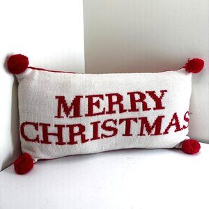 Merry Christmas Knit Throw Pillow Red White Pom Pom Corners Holiday Decor 18x9"